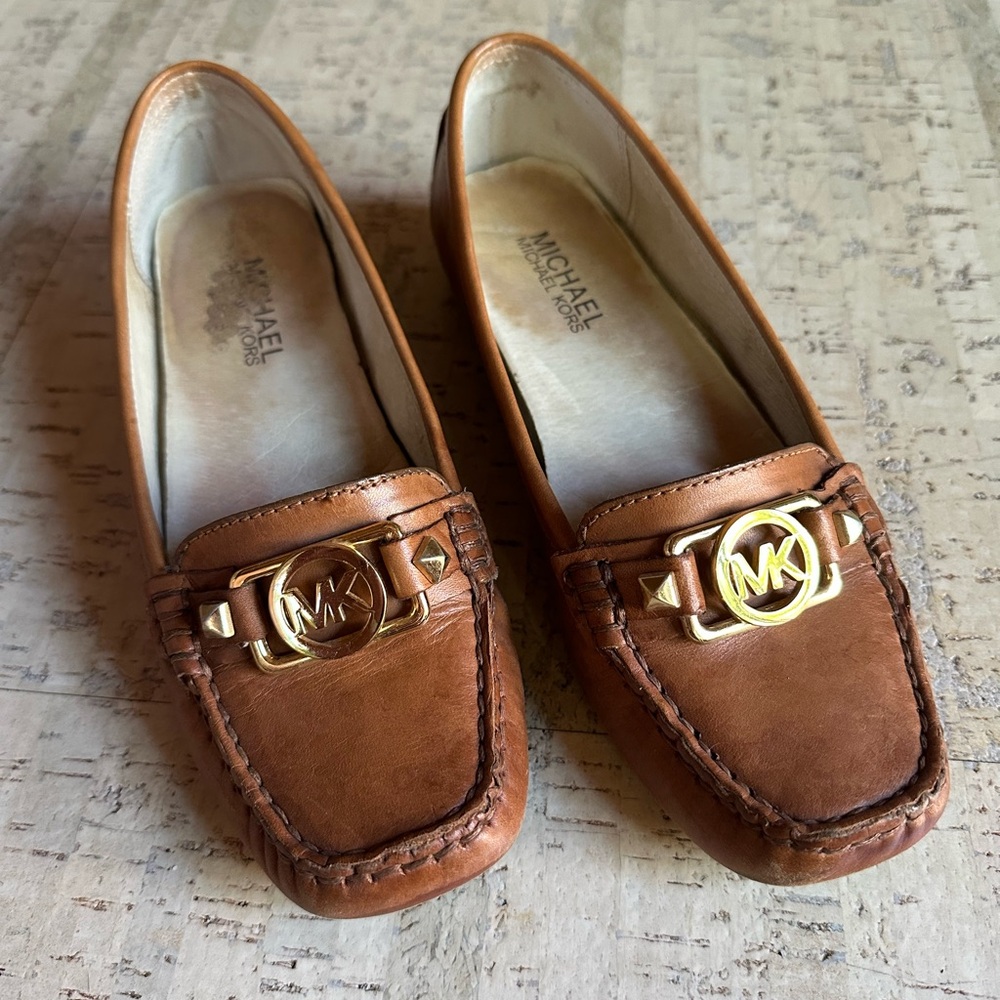 Michael Kors Tan Leather Loafers with Gold Accents